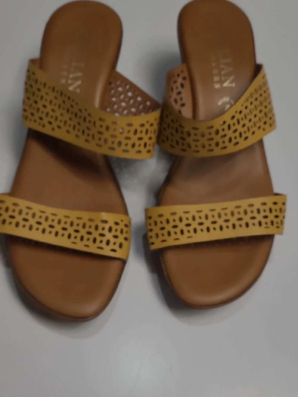 Italian Shoemaker Mustard Yellow Laser-Cut Perforated Slide Sandals - Size 9